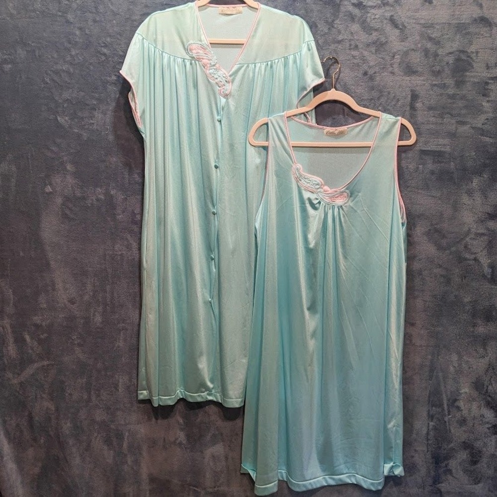 Vintage Collectibles by JCPenney Aqua Blue Nightgown Robe Set Pink Trim Womens L